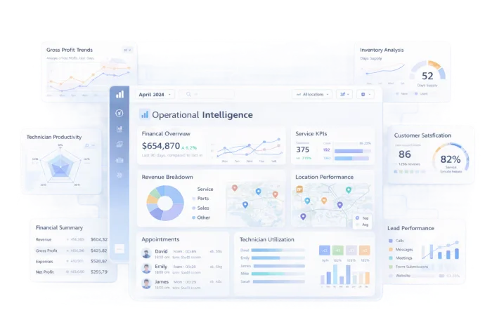 Operational Intelligence dashboard showing performance metrics and dealership insights